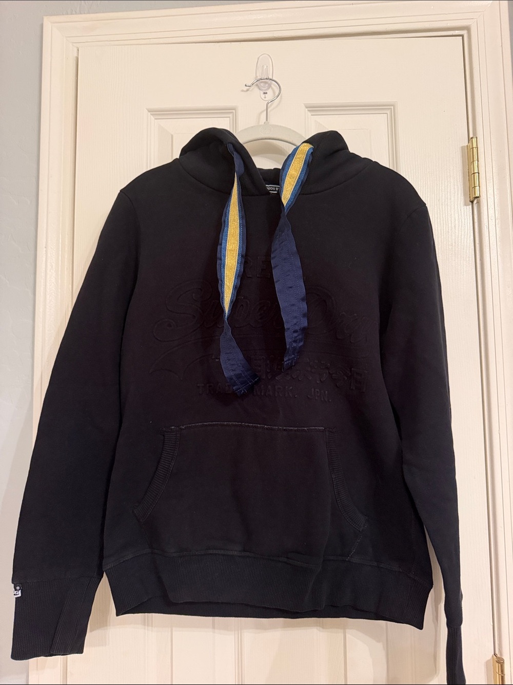 Superdry Black Hoodie with Blue and Yellow Drawcords M